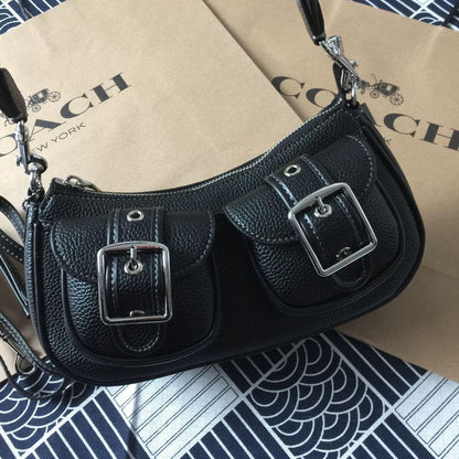 COACH CM079 Ashton Shoulder Bag – Black Leather & Silver Hardware