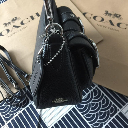 COACH CM079 Ashton Shoulder Bag – Black Leather & Silver Hardware