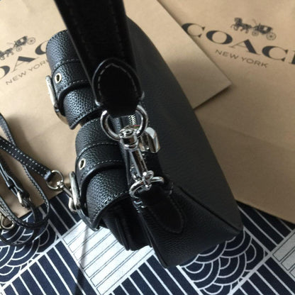 COACH CM079 Ashton Shoulder Bag – Black Leather & Silver Hardware
